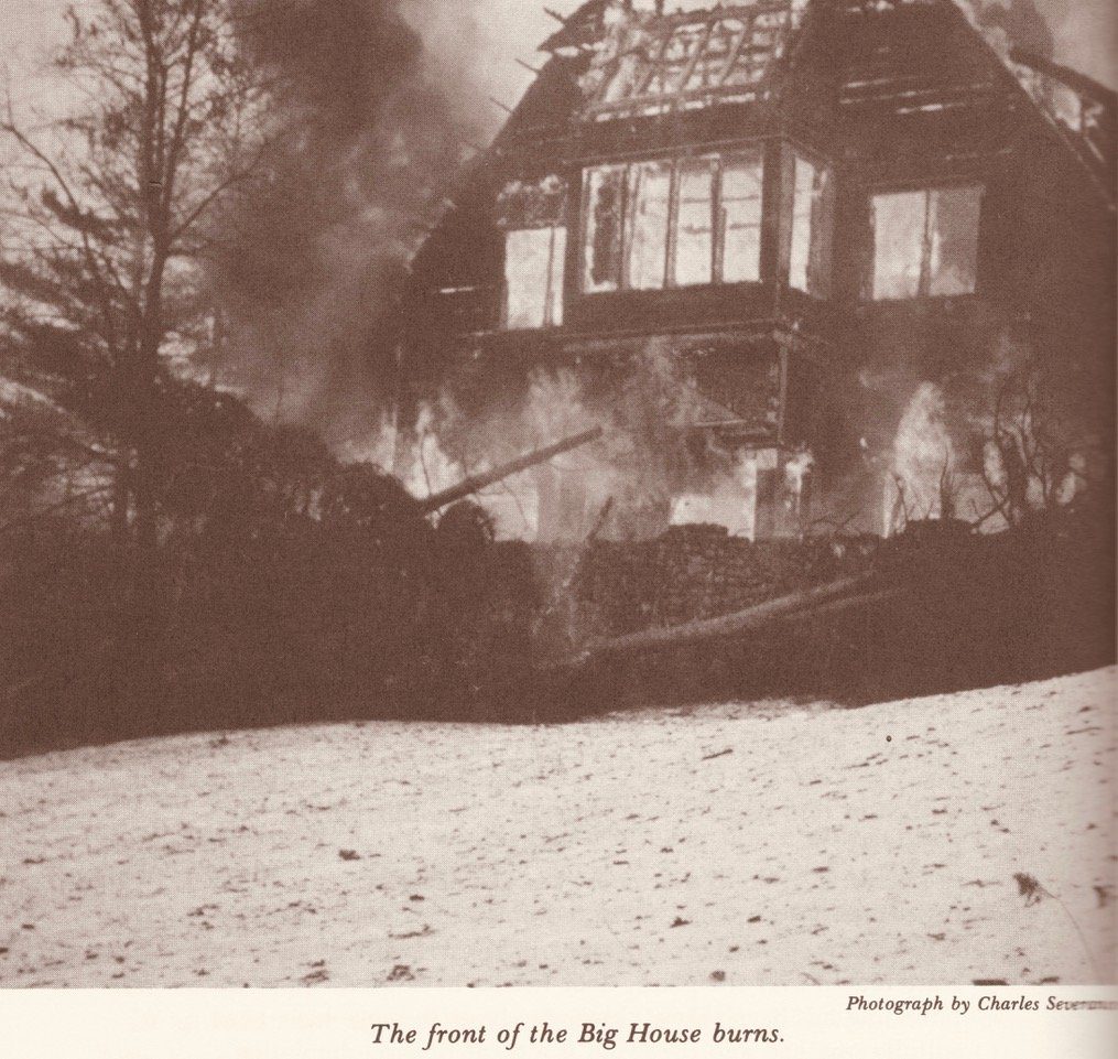 Burning of main house at Fox Lair (courtesy An Adirondack Archive: The Trail to Windover  by Elisabeth Hudnut Clarkson)